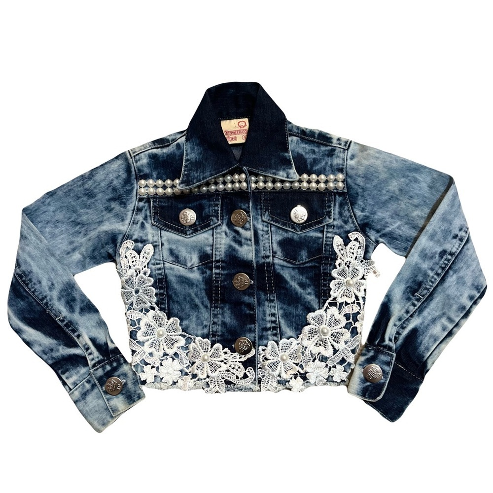 Kids Denim Jacket with Lace and Pearl Accents - Girls 4